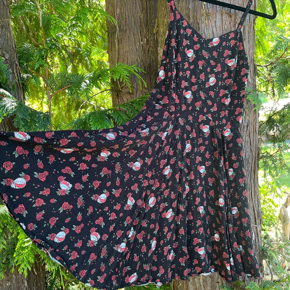 Grateful Dead Steal Your Face Roses Junk Food Clothing Black Floral Mini Dress